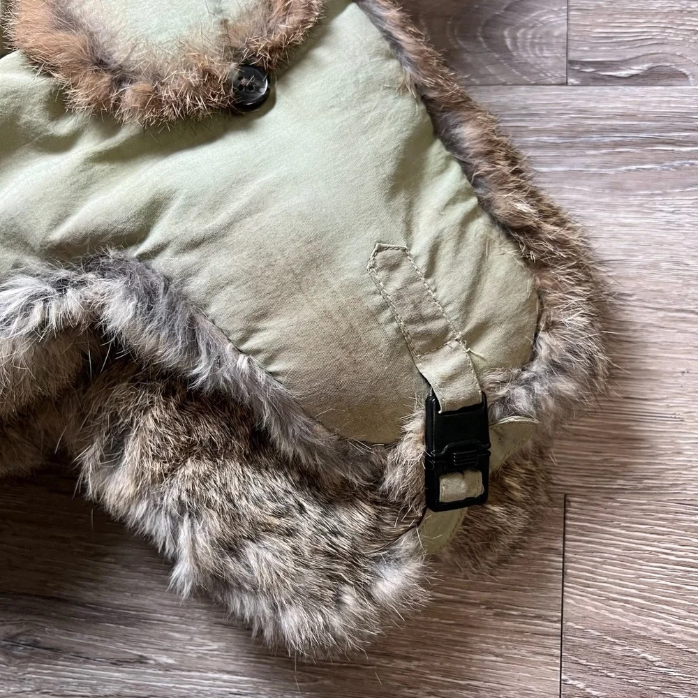 American Classics Trapper Hat Unisex L Green Rabbit Fur Trim Vintage 70s Bomber